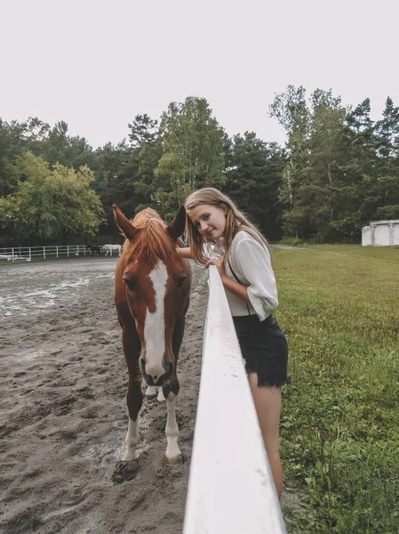 一位穿着衬衫和短裤的金发女郎在周末散步的时候爱抚她心爱的红马 爱护动物的概念 马术运动 积极的生活方式 在大自然中骑马 — 图库照片