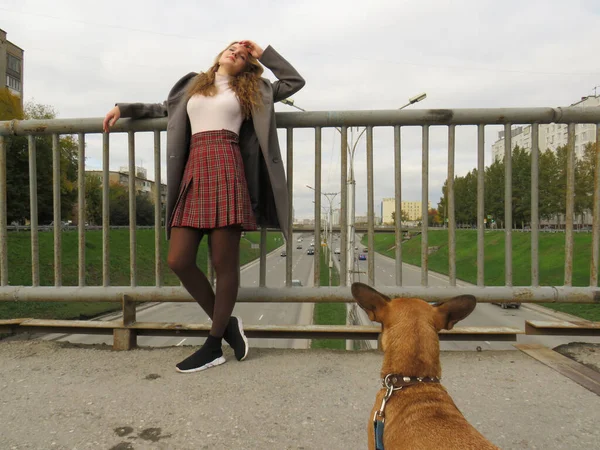 Uma Jovem Mulher Casaco Cinza Com Seu Cão Estimação Rafeiro — Fotografia de Stock