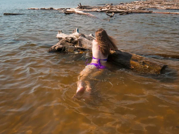 Sexy Young Woman Attractive Body Bikini Beach Sunbathing Water Sand — Stock Photo, Image