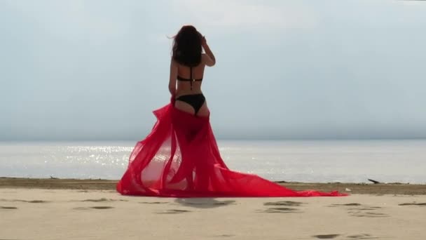 一位年轻的黑发女舞蹈家 身材苗条 身披红色丝巾 身披红色丝巾 在大海的衬托下 在积极的生活方式 运动和健身的理念下跳舞 在大自然中跳舞 在海滩度假 在海上度假 — 图库视频影像