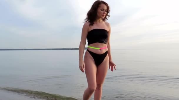 Enthusiastic Laughing Young Brunette Woman Black Bikini Water Sea Bay — Stock Video