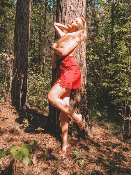 Сексуальная Обнаженная Женщина Длинными Волосами Красном Неглиже Позирует Головы Сосны — стоковое фото