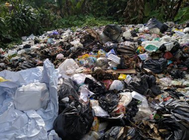 CIANJUR, İNDONEZYA: 25 Mart 2022: Bir bahçeye saçılmış plastik atık