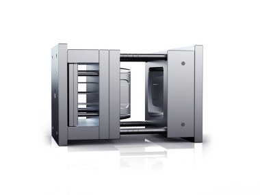 Plastik kalıp makinesinin 3 boyutlu görüntüsü. Plastik enjeksiyon kalıbı. Bardaklar, kutular, alet çantaları. Plastik enjeksiyon kalıbının üretim süreci. Polipropilen kullanılarak plastik parçaların oluşturulması için kullanılır