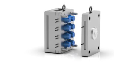 Plastik kalıp makinesinin 3 boyutlu görüntüsü. Plastik enjeksiyon kalıbı. Bardaklar, kutular, alet çantaları. Plastik enjeksiyon kalıbının üretim süreci. Polipropilen kullanılarak plastik parçaların oluşturulması için kullanılır