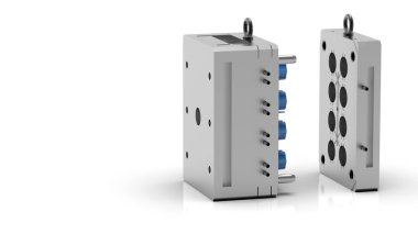 Plastik kalıp makinesinin 3 boyutlu görüntüsü. Plastik enjeksiyon kalıbı. Bardaklar, kutular, alet çantaları. Plastik enjeksiyon kalıbının üretim süreci. Polipropilen kullanılarak plastik parçaların oluşturulması için kullanılır