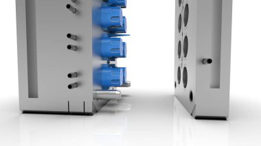 Plastik kalıp makinesinin 3 boyutlu görüntüsü. Plastik enjeksiyon kalıbı. Bardaklar, kutular, alet çantaları. Plastik enjeksiyon kalıbının üretim süreci. Polipropilen kullanılarak plastik parçaların oluşturulması için kullanılır