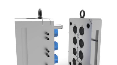 Plastik kalıp makinesinin 3 boyutlu görüntüsü. Plastik enjeksiyon kalıbı. Bardaklar, kutular, alet çantaları. Plastik enjeksiyon kalıbının üretim süreci. Polipropilen kullanılarak plastik parçaların oluşturulması için kullanılır