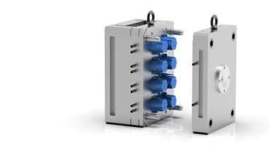 Plastik kalıp makinesinin 3 boyutlu görüntüsü. Plastik enjeksiyon kalıbı. Bardaklar, kutular, alet çantaları. Plastik enjeksiyon kalıbının üretim süreci. Polipropilen kullanılarak plastik parçaların oluşturulması için kullanılır