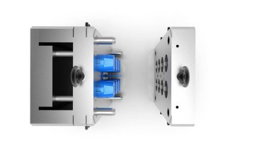 Plastik kalıp makinesinin 3 boyutlu görüntüsü. Plastik enjeksiyon kalıbı. Bardaklar, kutular, alet çantaları. Plastik enjeksiyon kalıbının üretim süreci. Polipropilen kullanılarak plastik parçaların oluşturulması için kullanılır