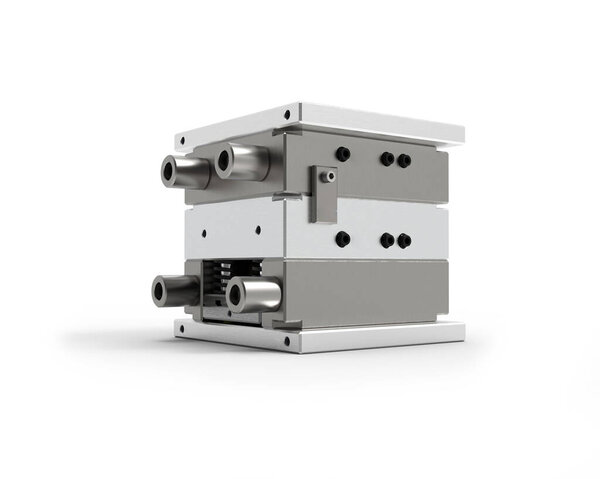 3D render of plastic moulding machine. Plastic injection moulding.Cups, boxes, toolboxes. The production process for Plastic injection mold. Used for the forming of plastic parts using polypropylen