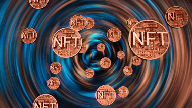 Renkli soyut arkaplandaki NFT karşılanamaz simge scrypto sanatı. Eşsiz koleksiyonlar için oyunlar ya da sanatla ödeme yapın. 3D NFT şifreleme sanat koleksiyonu konsepti. Duvar kağıdı siber punk tarzı.