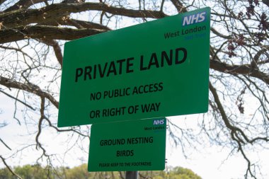Crowthorne, United Kingdom, 20th April 2022:- A Sign near Broadmoor High Security Hospital reading Private Land No Public Access