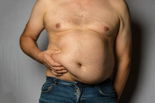 Overweight Shirtless Caucasian Man Standing Facing Front Holding His Fat — Foto de Stock