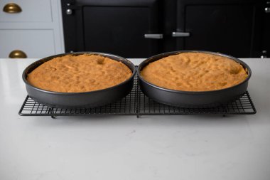 Evcil bir mutfakta fırında kek test eden genç bir çocuk.