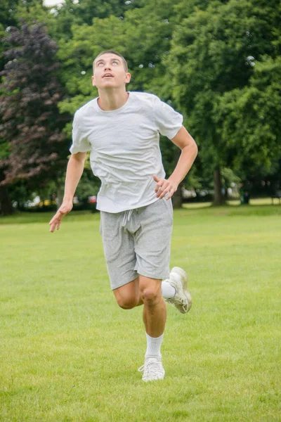 Nineteen Year Old Teenage Boy Playing Football Public Park — Stok Foto