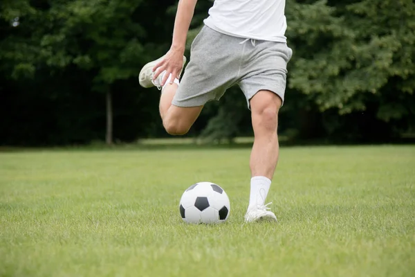 Nineteen Year Old Teenage Boy Playing Football Public Park — Stok Foto