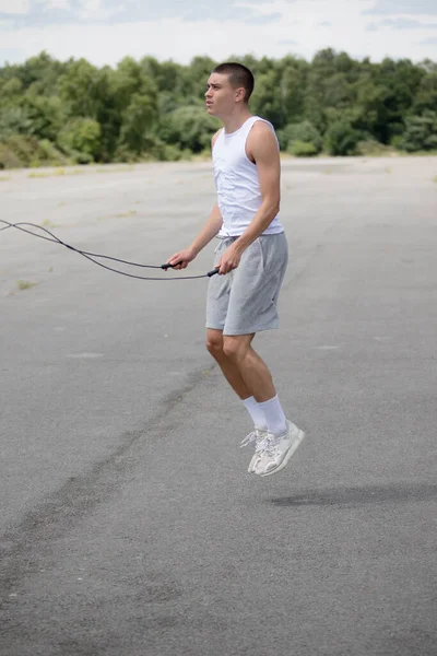 Nineteen Year Old Teenage Boy Using Skipping Rope Public Park — Stock fotografie