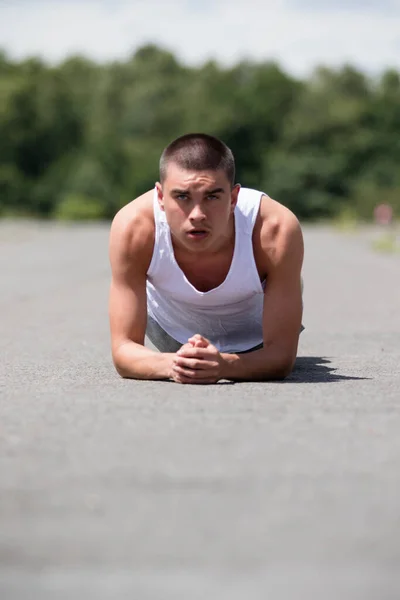 Nineteen Year Old Teenage Boy Doing Plank Public Park — 스톡 사진