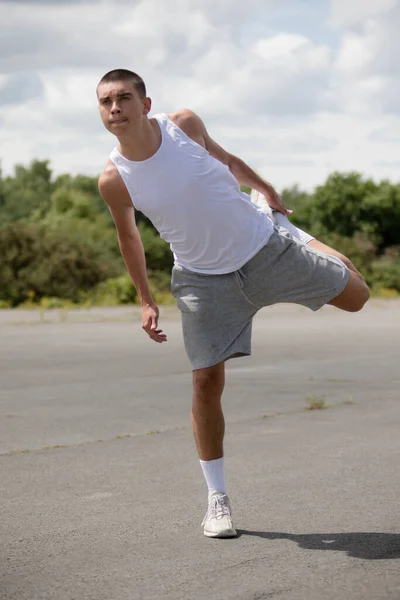 Nineteen Year Old Teenage Boy Stretching Public Park — 스톡 사진