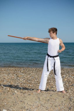 A 17 Year Old Teenage Black Belt With A Staff On A Beach