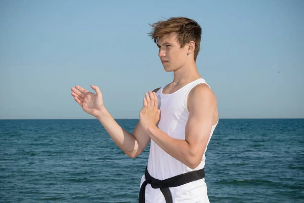 Year Old Teenage Black Belt Doing Karate Beach — Fotografia de Stock