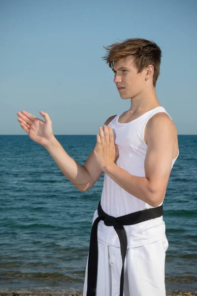Year Old Teenage Black Belt Doing Karate Beach — ストック写真