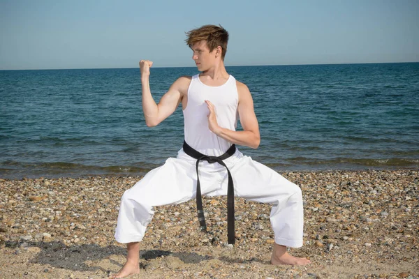 Year Old Teenage Black Belt Doing Karate Beach — Stock Fotó