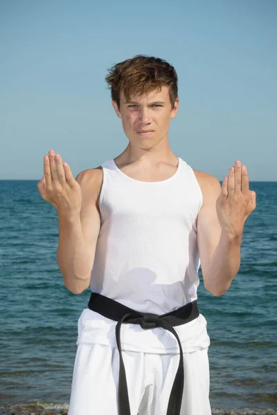 Year Old Teenage Black Belt Doing Karate Beach — ストック写真