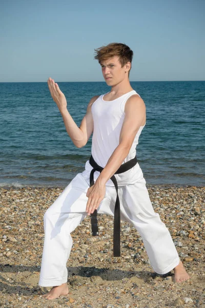 Year Old Teenage Black Belt Doing Karate Beach — Zdjęcie stockowe