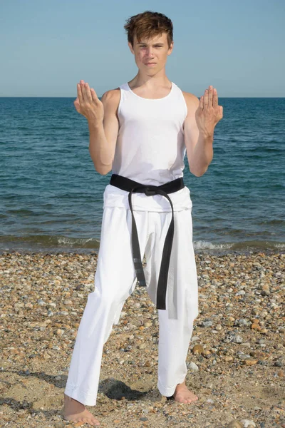 Year Old Teenage Black Belt Doing Karate Beach — Stock Fotó