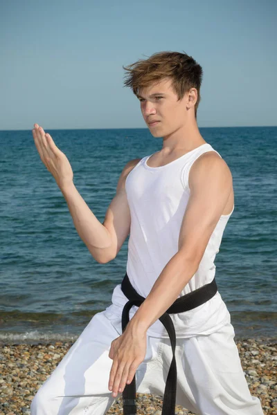 Year Old Teenage Black Belt Doing Karate Beach — Photo