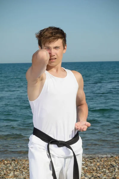 Year Old Teenage Black Belt Doing Karate Beach — Stock Fotó