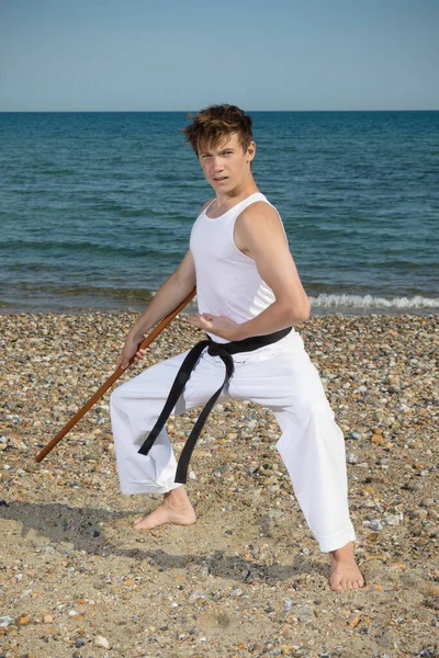 Year Old Teenage Black Belt Staff Beach — 스톡 사진