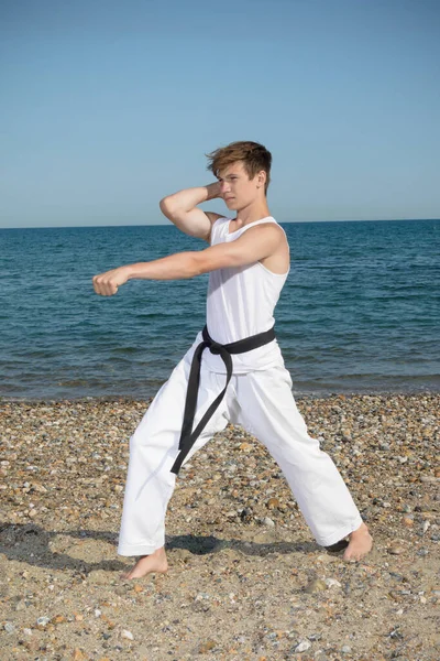 Year Old Teenage Black Belt Doing Karate Beach — Stock Fotó