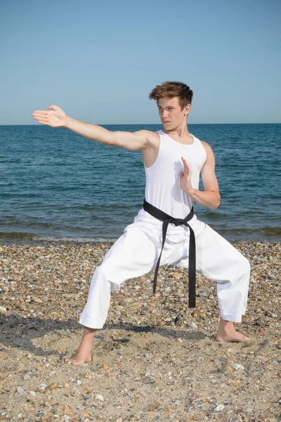 Year Old Teenage Black Belt Doing Karate Beach — Foto Stock