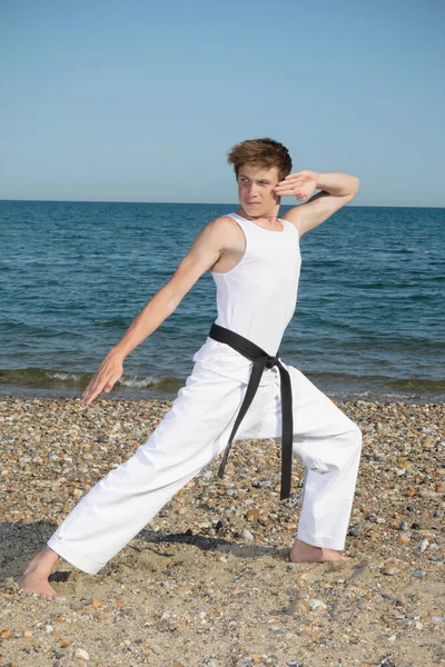 Year Old Teenage Black Belt Doing Karate Beach — Foto Stock