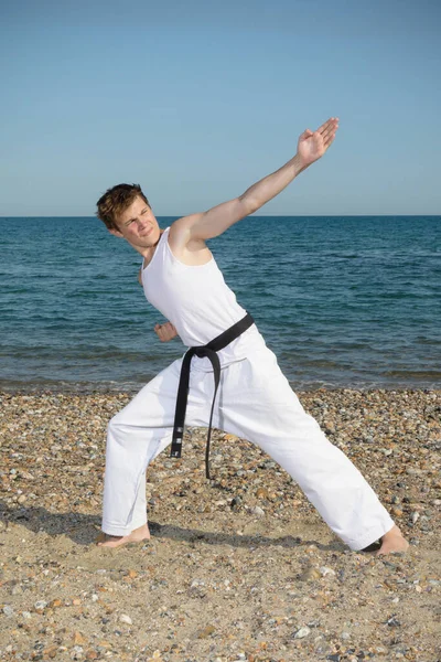Year Old Teenage Black Belt Doing Karate Beach — Fotografia de Stock