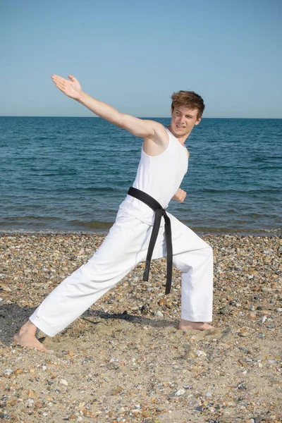 Year Old Teenage Black Belt Doing Karate Beach — Zdjęcie stockowe