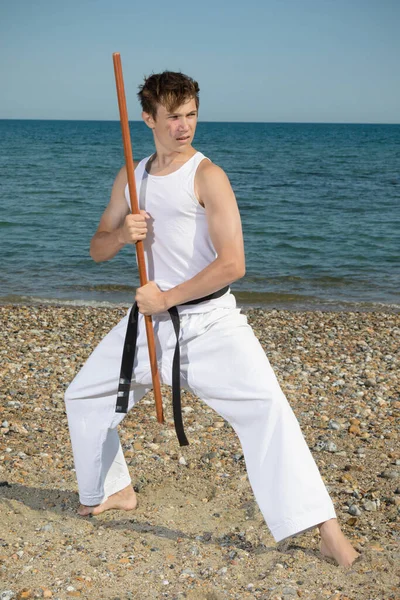 Year Old Teenage Black Belt Staff Beach — Stockfoto