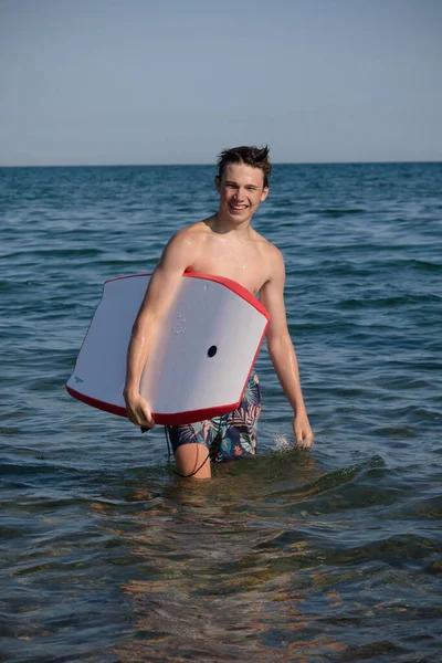 Year Old Teenage Boy Sea Body Board — 图库照片