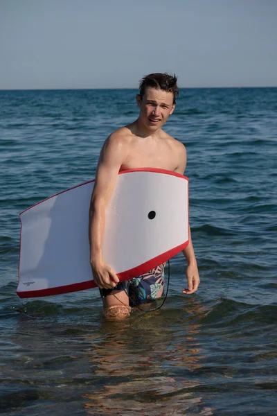 Year Old Teenage Boy Sea Body Board — 图库照片