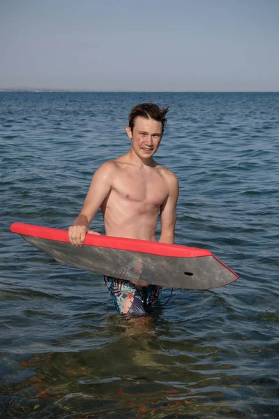 Year Old Teenage Boy Sea Body Board — Stockfoto