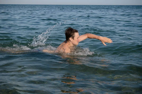 Year Old Teenage Boy Swimming Sea — Stockfoto