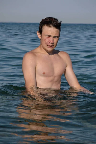 Year Old Teenage Boy Swimming Sea — Stok Foto