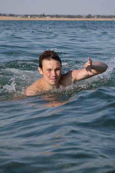 Year Old Teenage Boy Swimming Sea — Zdjęcie stockowe