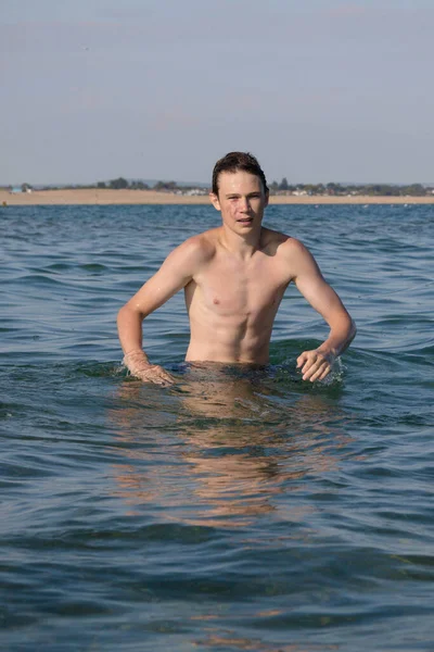 Year Old Teenage Boy Swimming Sea — Stok Foto