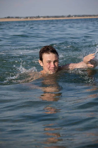 Year Old Teenage Boy Swimming Sea — Foto de Stock