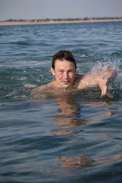 Year Old Teenage Boy Swimming Sea — Zdjęcie stockowe
