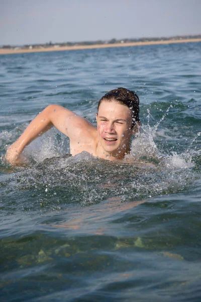 Year Old Teenage Boy Swimming Sea — Stok Foto